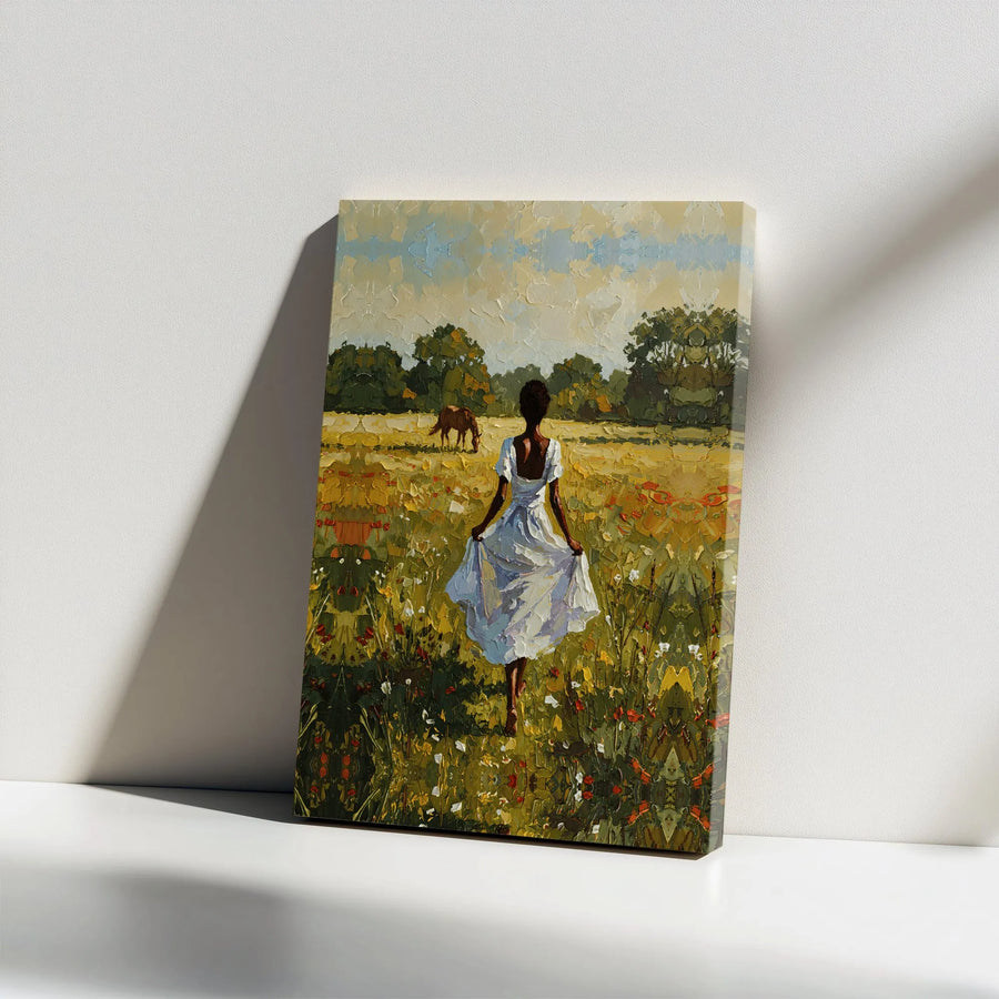 Black Woman Art Canvas Print | Textured Pastoral Scene with Horse | Premium Gallery Wrapped Wall Art | Modern Farmhouse Decor Gift for Her