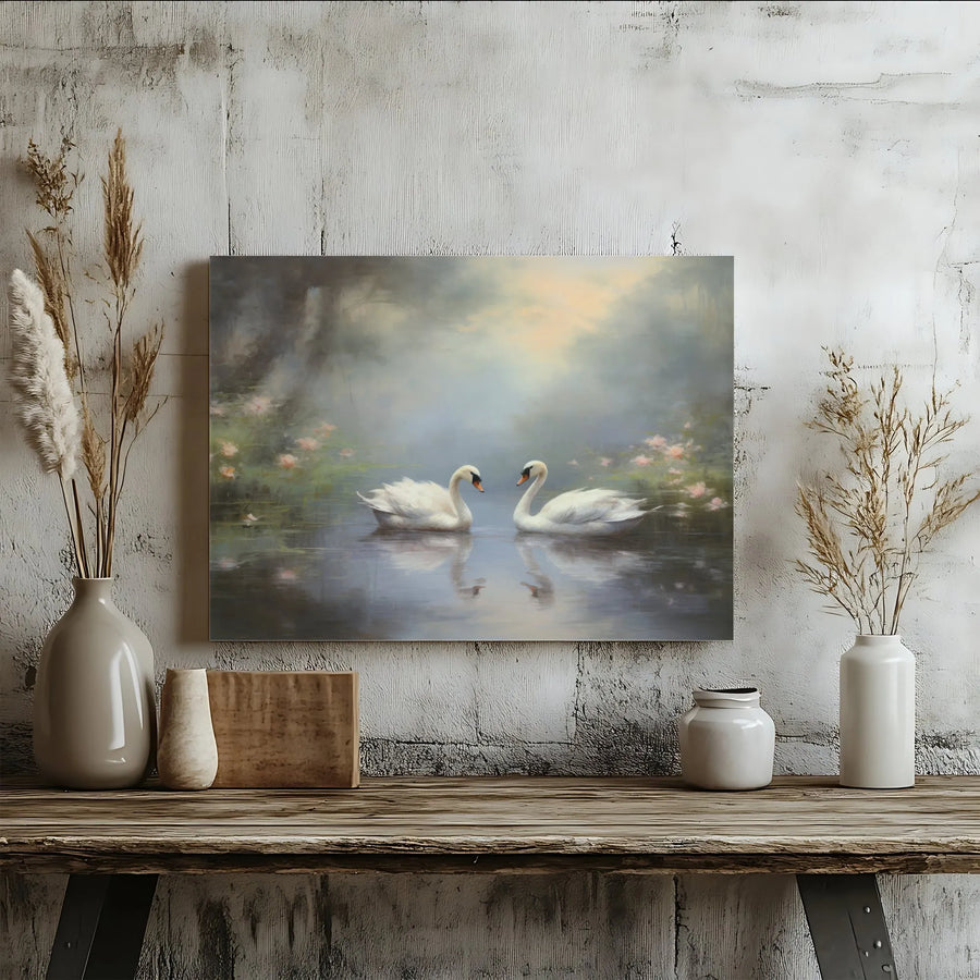 Romantic Swan Canvas Wall Art | Vintage Style Swan Couple Painting | Premium Fade-Resistant Print | Bedroom Wall Decor Gift for Couples