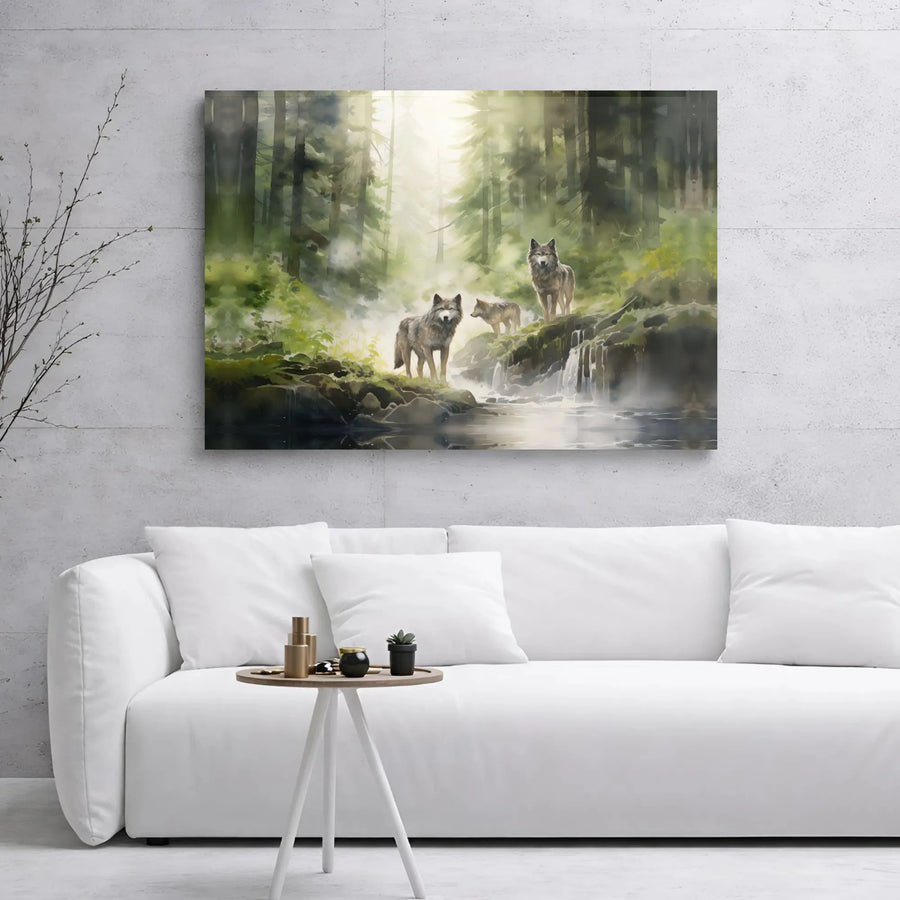 Wolf Pack Canvas Wall Art | Misty Forest Waterfall Scene | Premium Gallery Wrap Print | Nature Inspired Home Decor Gift