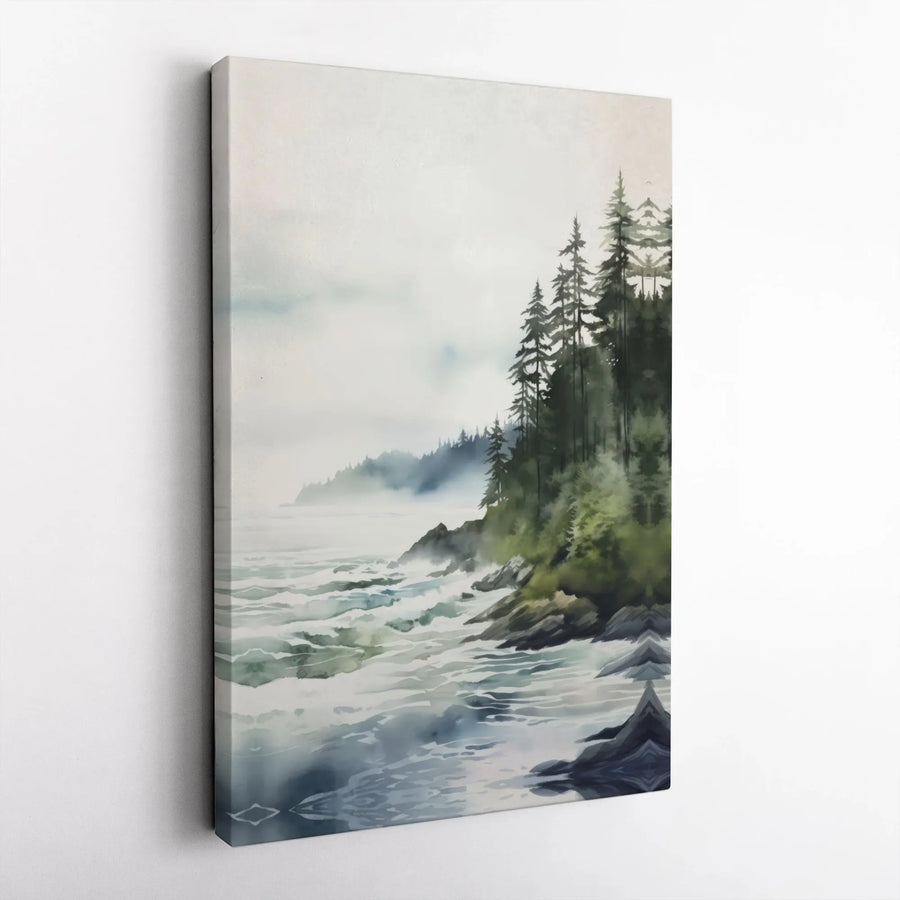 Misty Coastal Forest Canvas Wall Art | Watercolor Pacific Northwest Landscape Print | 1.25” Gallery Wrap | Serene Nature Home Decor Gift