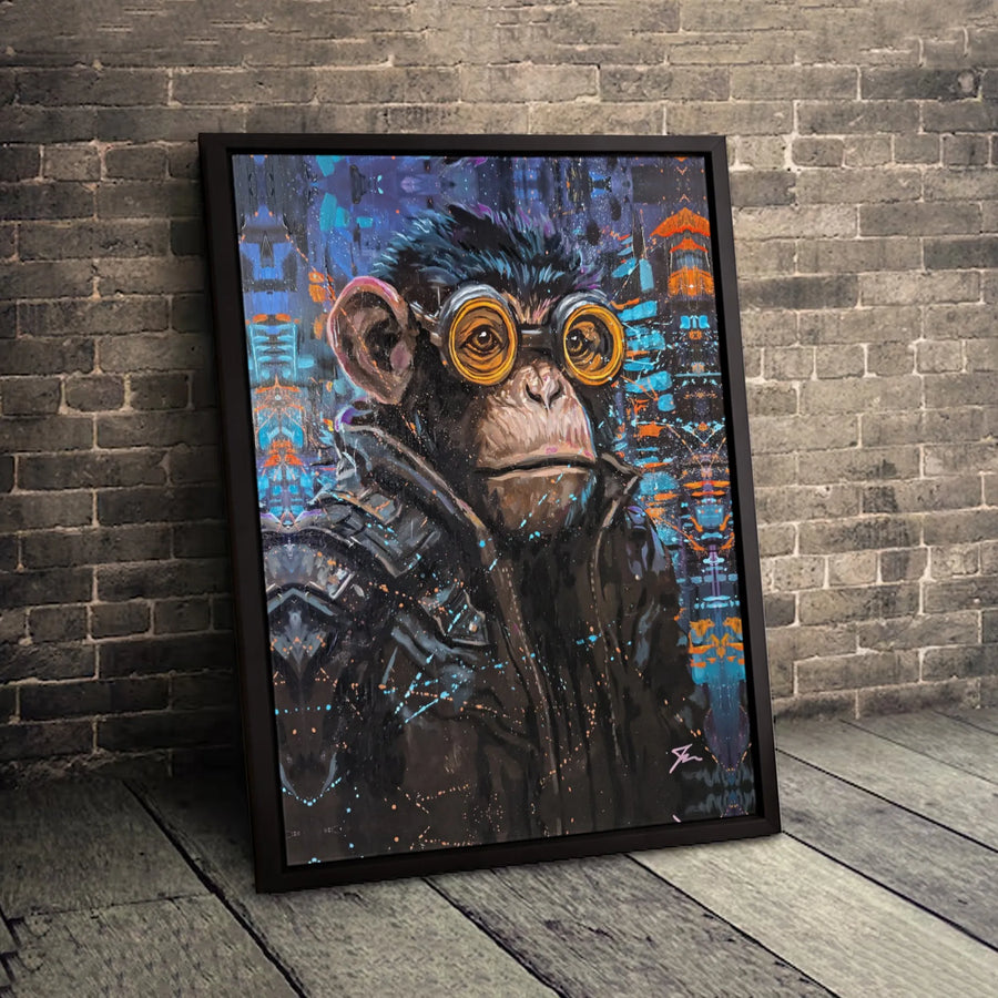 Steampunk Chimpanzee Canvas Wall Art | Urban Graffiti Style Monkey Portrait | Premium 1.25-inch Thick Gallery Wrap | Unique Home Office Decor Gift
