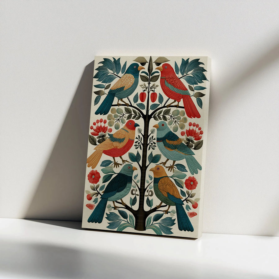 Folk Art Tree Of Life Canvas | Symmetrical Bird Wall Decor | Premium 1.25" Gallery Wrap | Nature-Inspired Home Gift for Art Lovers