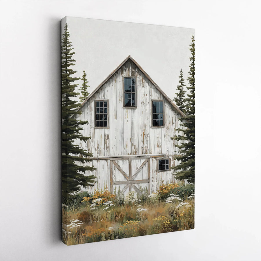 Rustic White Barn Canvas Print | Farmhouse Wall Art with Pine Trees & Wildflowers | Premium Gallery-Wrapped 1.25" Profile | Country Home Decor Gift
