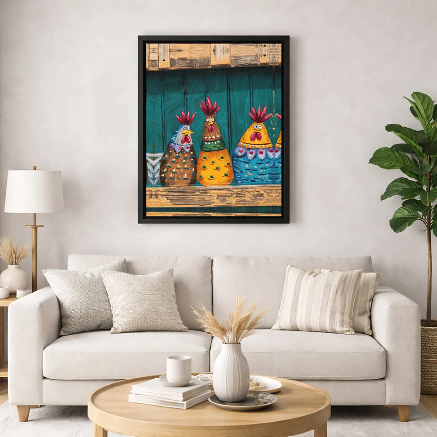 Whimsical Chicken Folk Art Canvas Print | Colorful Farmhouse Wall Decor | Gallery Quality 1.25-Inch Profile | Gift for Country Kitchen Lovers