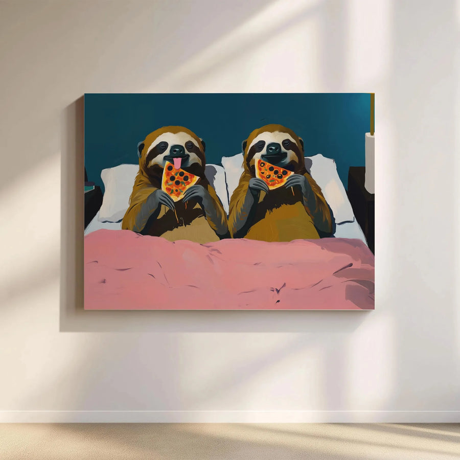 Funny Sloth Canvas Wall Art | Sloth Couple Eating Pizza Painting | Premium Gallery Wrapped Canvas | Quirky Bedroom Decor & Unique Foodie Gift