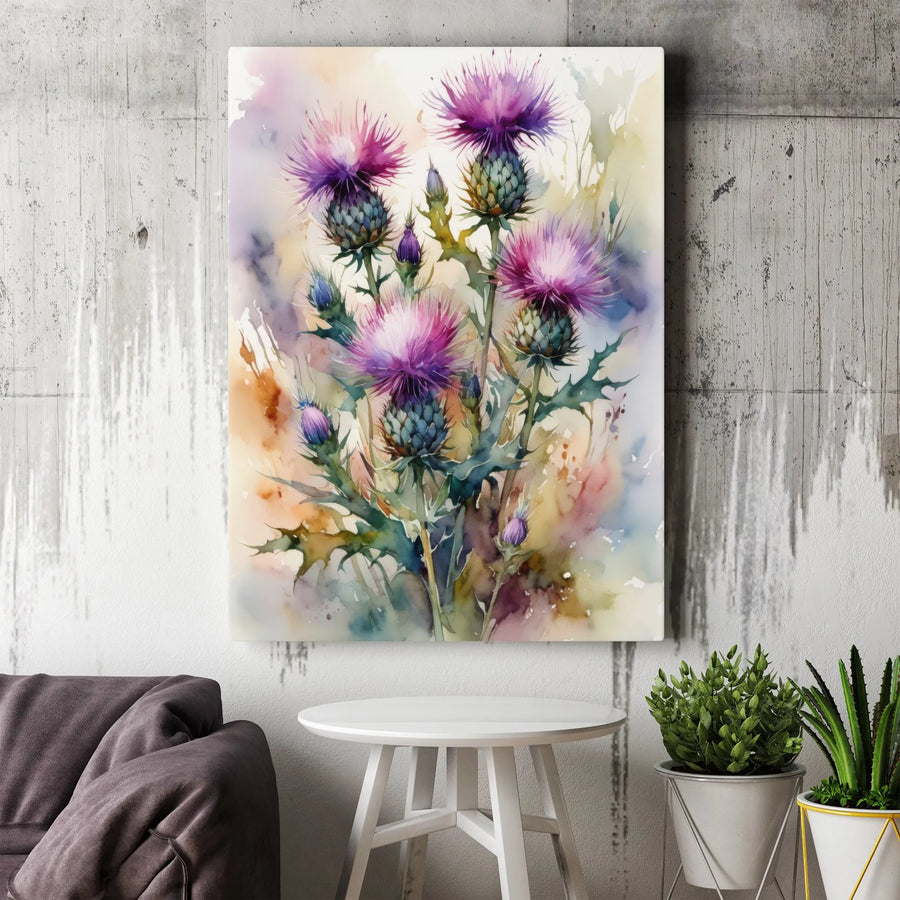 Scottish Thistle Wall Art | Watercolor Flower Canvas Print | Gallery Wrap 1.25" Frame | Botanical Home Decor Gift for Plant Lovers
