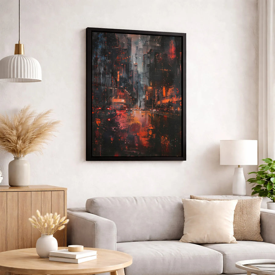 Abstract Dark Cityscape Canvas Wall Art | Rainy Street Neon Red Lights | Gallery-Quality 1.25" Profile | Modern Home & Office Decor Gift