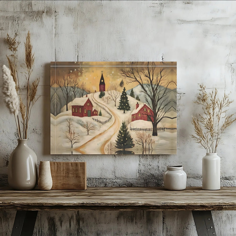 Winter Christmas Village Canvas Wall Art | Folk Art Snowy Church Scene | Premium Gallery Wrapped Decor | Festive Holiday Gift for Home
