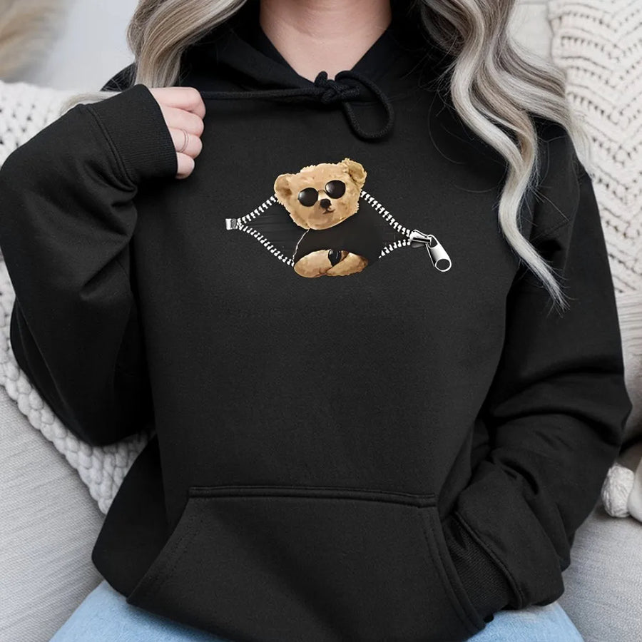 Cool Teddy Bear Hoodie | Zipper Reveal Graphic Print | Premium Cotton-Blend Fleece | Unisex Streetwear Gift for Animal Lovers