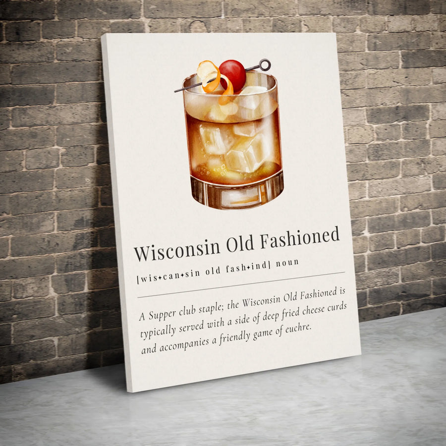 Wisconsin Old Fashioned Definition Art | Supper Club Cocktail Illustration | Premium Gallery Wrapped Canvas | Wisconsin Gift for Bartender