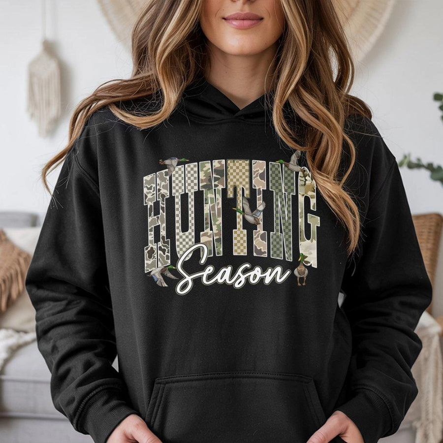 Hunting Season Hoodie | Duck Camo Graphic Print | Cotton-Polyester Blend | Outdoor Wildlife Gift For Hunters