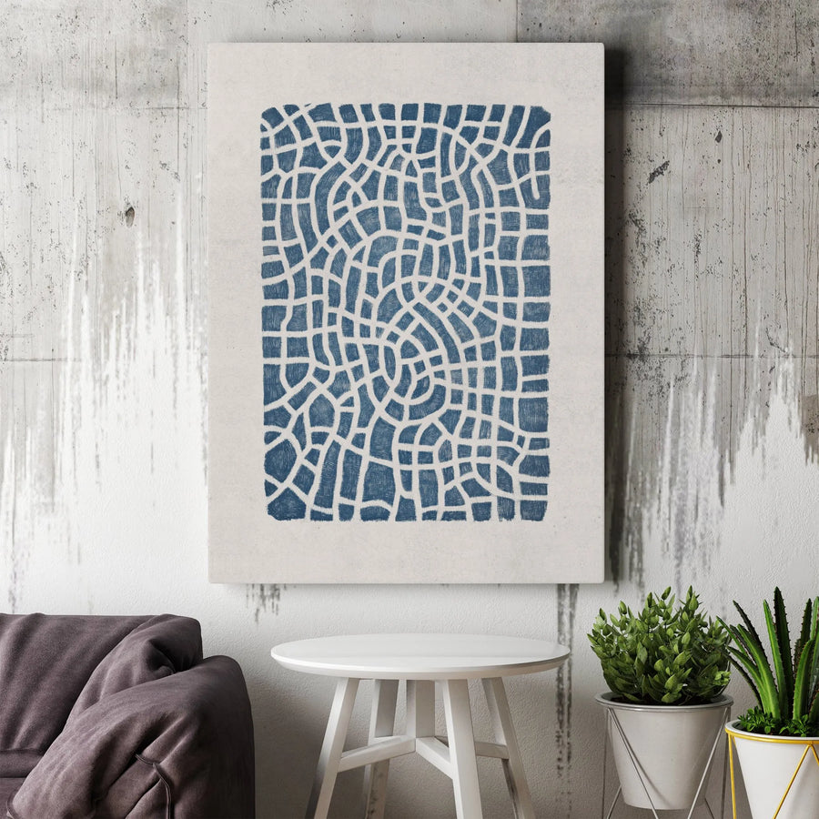 Abstract Blue Grid Canvas Print | Modern Geometric Linocut Art | 1.25-Inch Gallery Wrapped Wall Decor | Minimalist Home Office Statement Piece