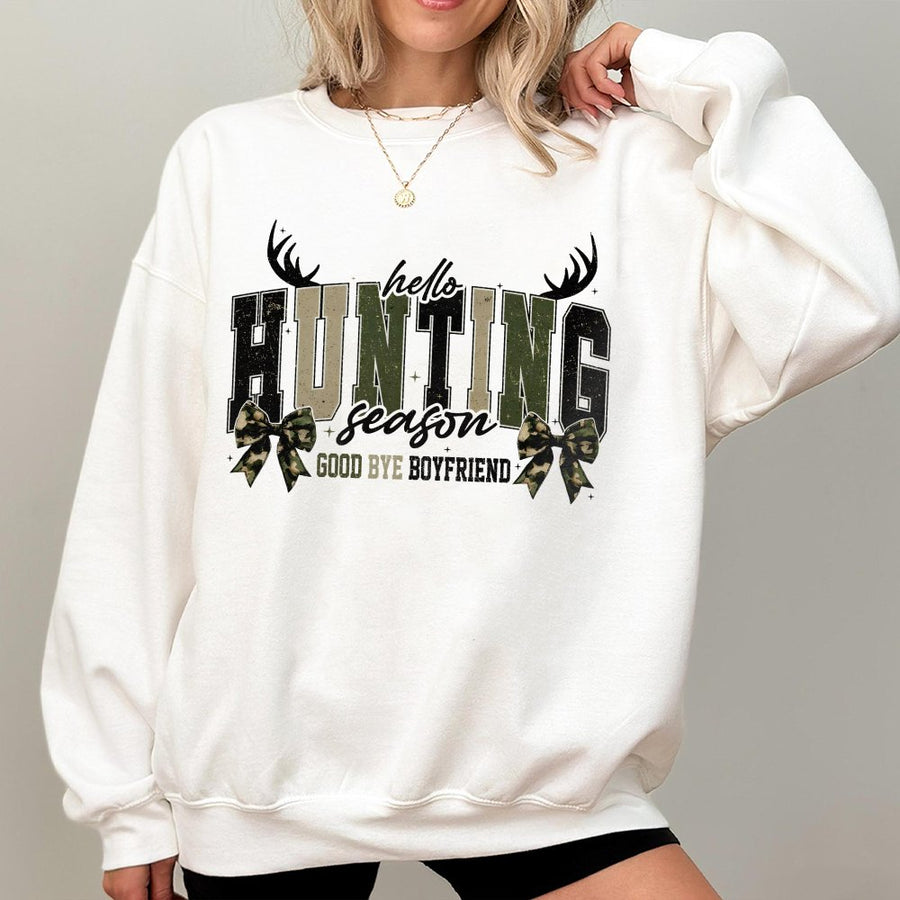 Hello Hunting Season Sweatshirt | Funny Bow Graphic Camo Print | Premium Cotton Blend | Gift for Hunter Girlfriend
