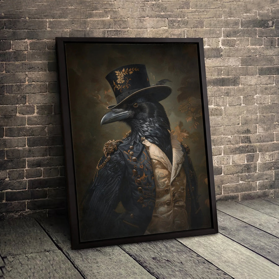 Victorian Crow Canvas Art | Dapper Raven Gentleman in Top Hat | Premium Gallery Wrap Wall Decor | Dark Academia Gothic Home Office Gift