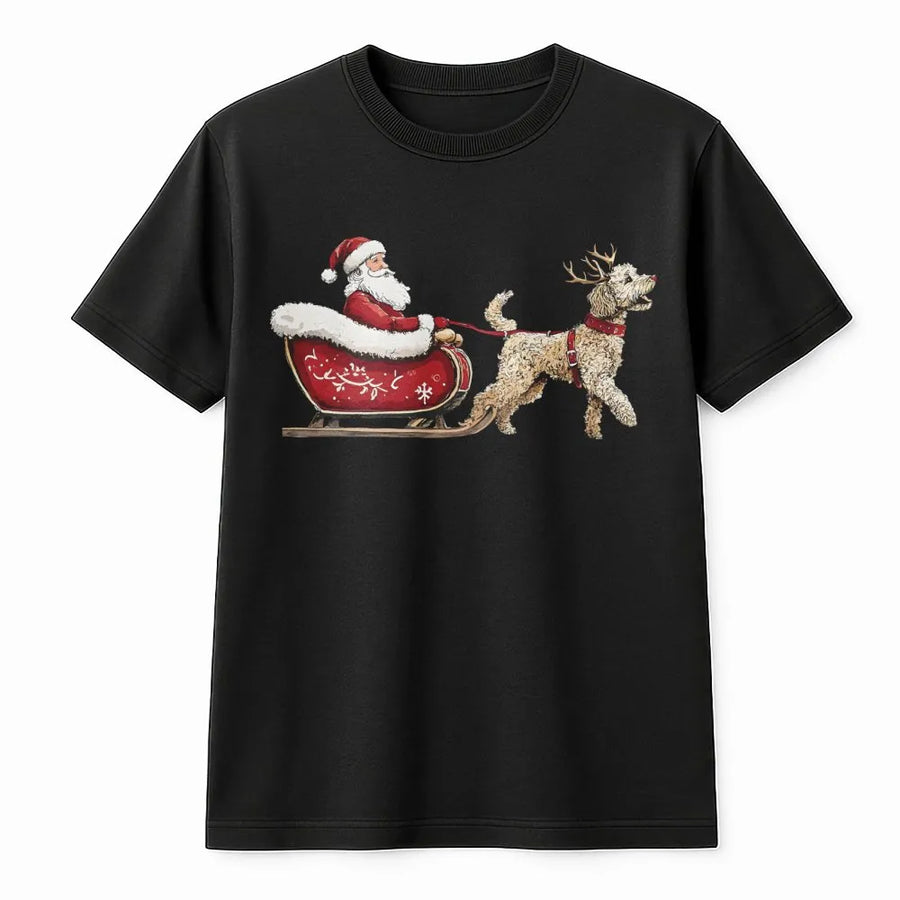 Goldendoodle Christmas T-Shirt | Santa Claus Riding Sleigh with Doodle Dog | Premium Cotton Holiday Graphic Tee | Funny Dog Lover Gift for Him Her