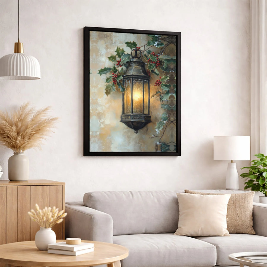 Christmas Lantern Canvas Print | Glowing Holly And Berries Wall Art | Premium 1.25" Gallery Wrap | Holiday Home Decor Gift