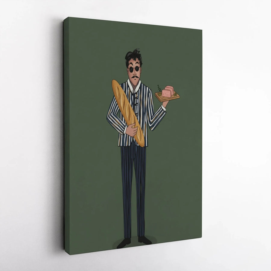 French Man With Baguette Canvas Art | Quirky Bistro Kitchen Wall Decor | Premium Gallery Wrap Print | Whimsical Foodie Gift Idea