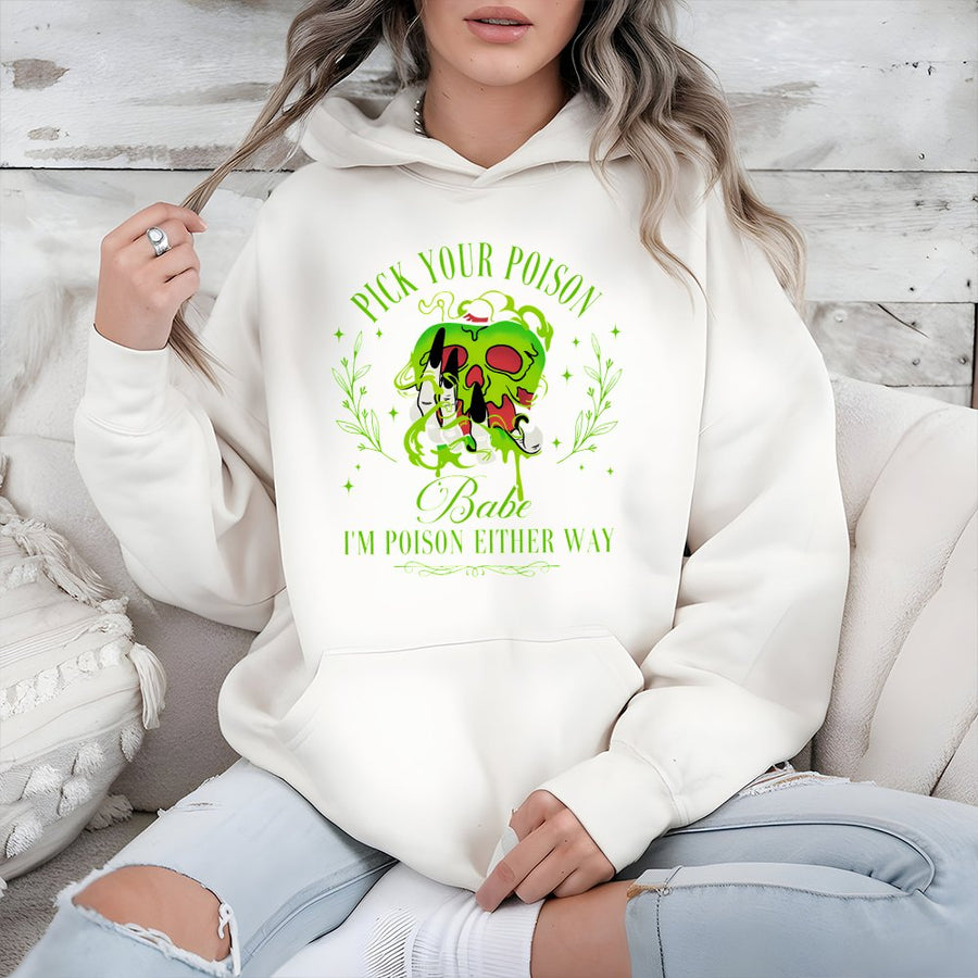 Pick Your Poison Hoodie | Gothic Skull Witchy Graphic Design | Premium Cotton-Blend Pullover | Spooky Halloween Gift for Her & Him
