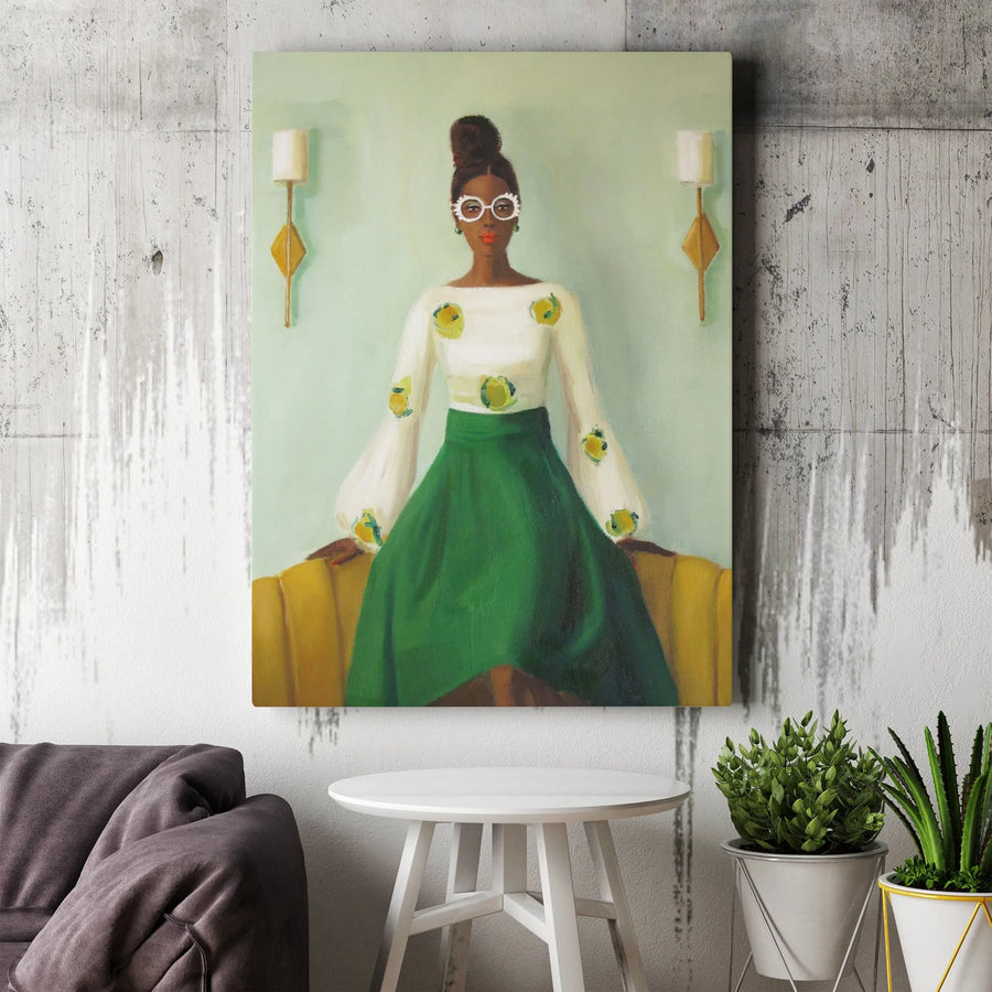 African American Art Vertical Canvas | Modern Black Woman Portrait with Puff Sleeves | Premium Gallery Wrapped Print | Living Room Wall Decor Gift