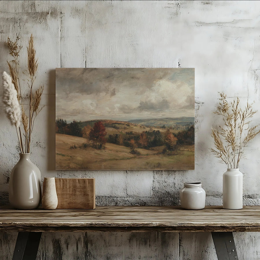 Vintage Autumn Landscape Canvas Wall Art | Moody Pastoral Hills Painting | Premium Fade-Resistant Gallery Wrap | Rustic Home Decor Gift