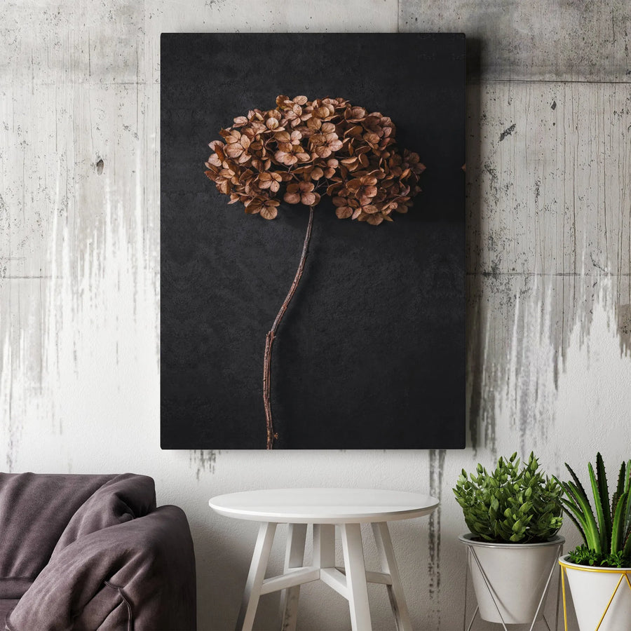 Dried Hydrangea Canvas Print | Minimalist Botanical Art on Dark Background | Premium Gallery Wrapped Canvas | Modern Home Decor Gift