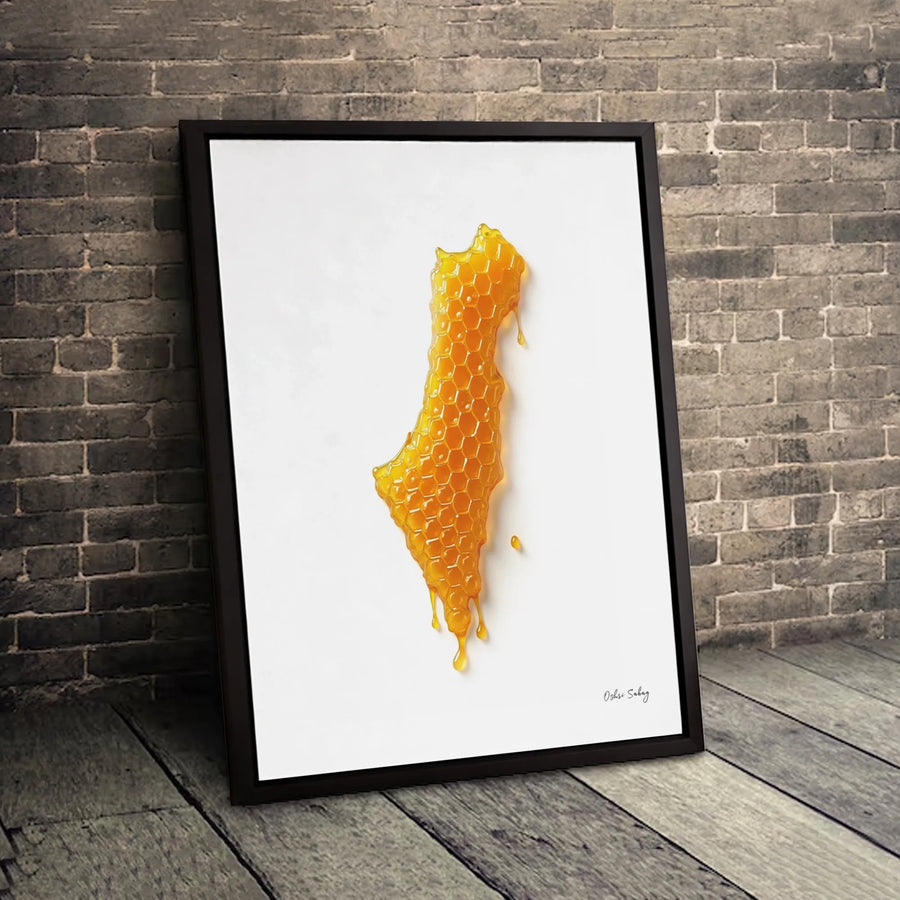 Israel Map Canvas Wall Art | Honeycomb Gold Dripping Honey Texture | Premium Gallery-Wrapped Print | Modern Jewish Home Decor Gift