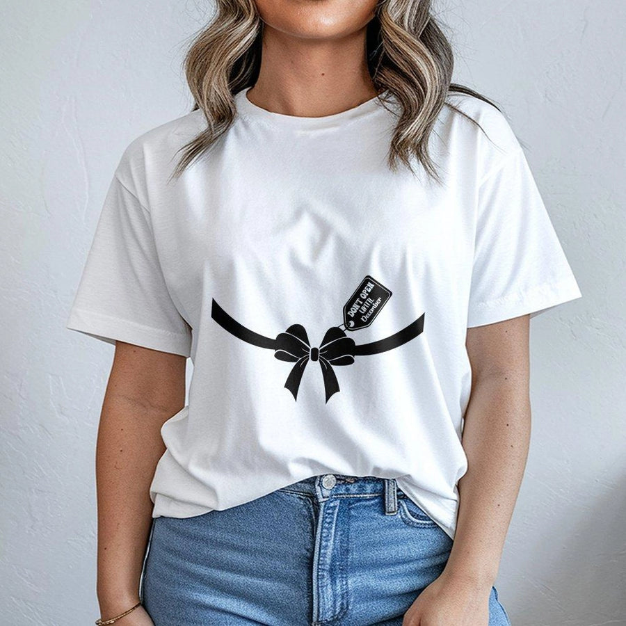 Christmas Pregnancy Announcement T-Shirt | Don't Open Until December Bow Design | Premium Cotton Soft Tee | Funny Mom To Be Xmas Gift