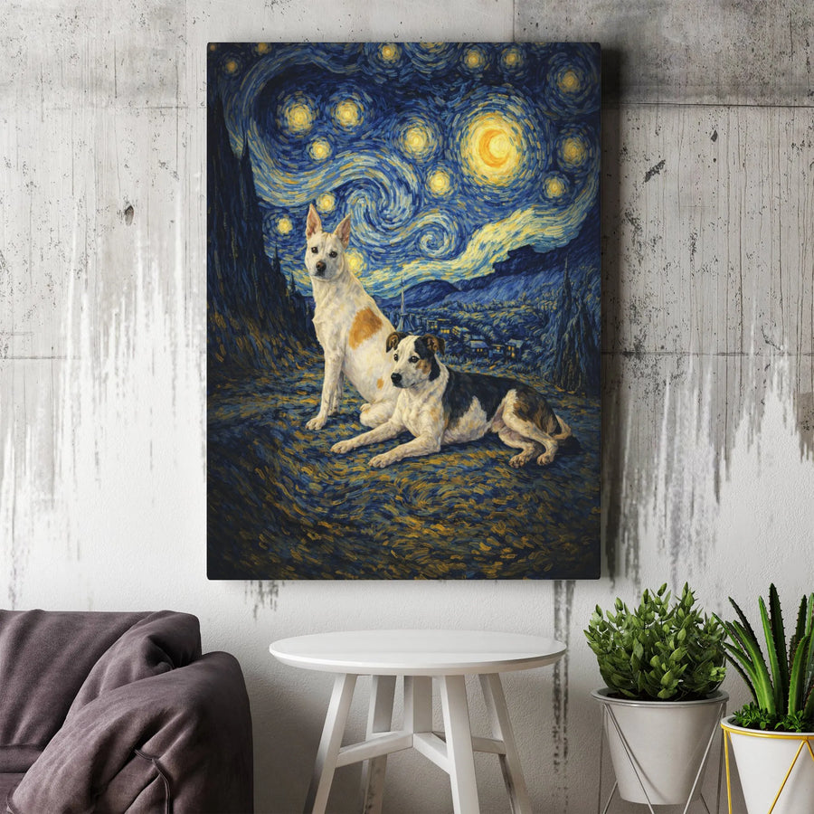 Starry Night Dogs Canvas Wall Art | Impressionist Pet Portrait Print | Premium Gallery Wrapped Canvas | Gift for Dog Lovers & Art Fans