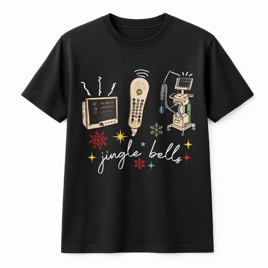 Nurse Christmas T-Shirt | Medical Equipment Jingle Bells Graphic | Premium Cotton Unisex Tee | Funny RN Hospital Staff Holiday Gift