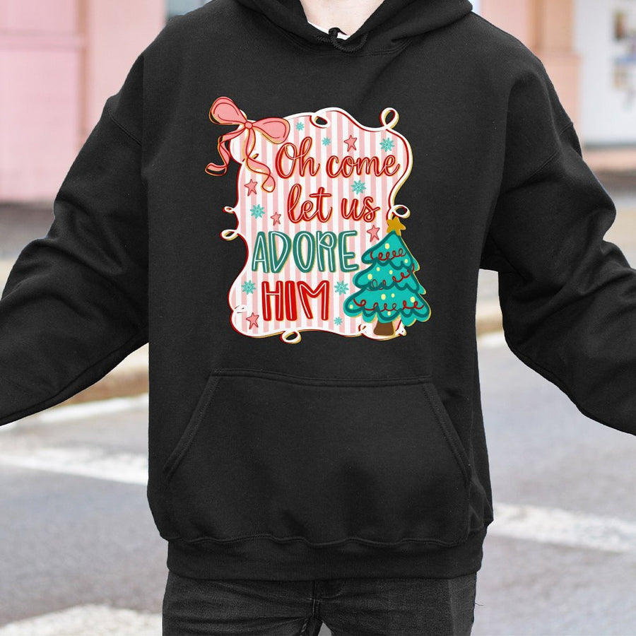 Oh Come Let Us Adore Him Hoodie | Coquette Aesthetic Christmas Tree Design | Premium Cotton-Blend Sweatshirt | Religious Holiday Gift for Women