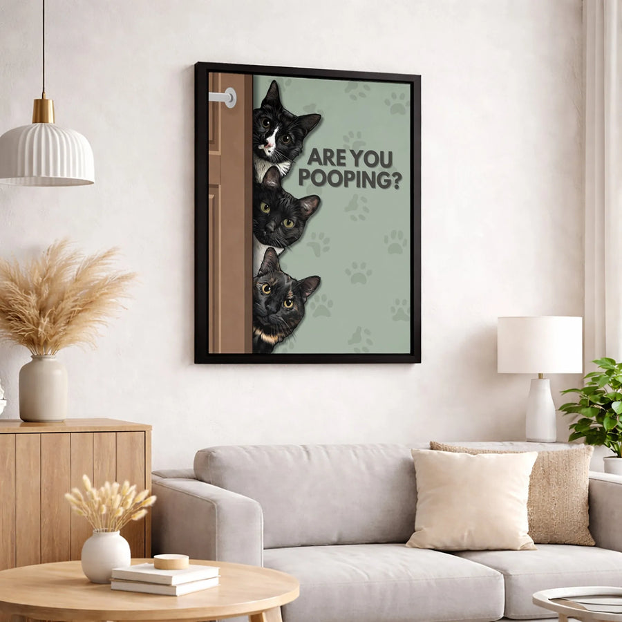 Are You Pooping Cat Wall Art | Funny Bathroom Sign with Three Peeking Kitties | 1.25-Inch Premium Gallery Canvas | Humorous Home Decor Gift for Cat Lovers