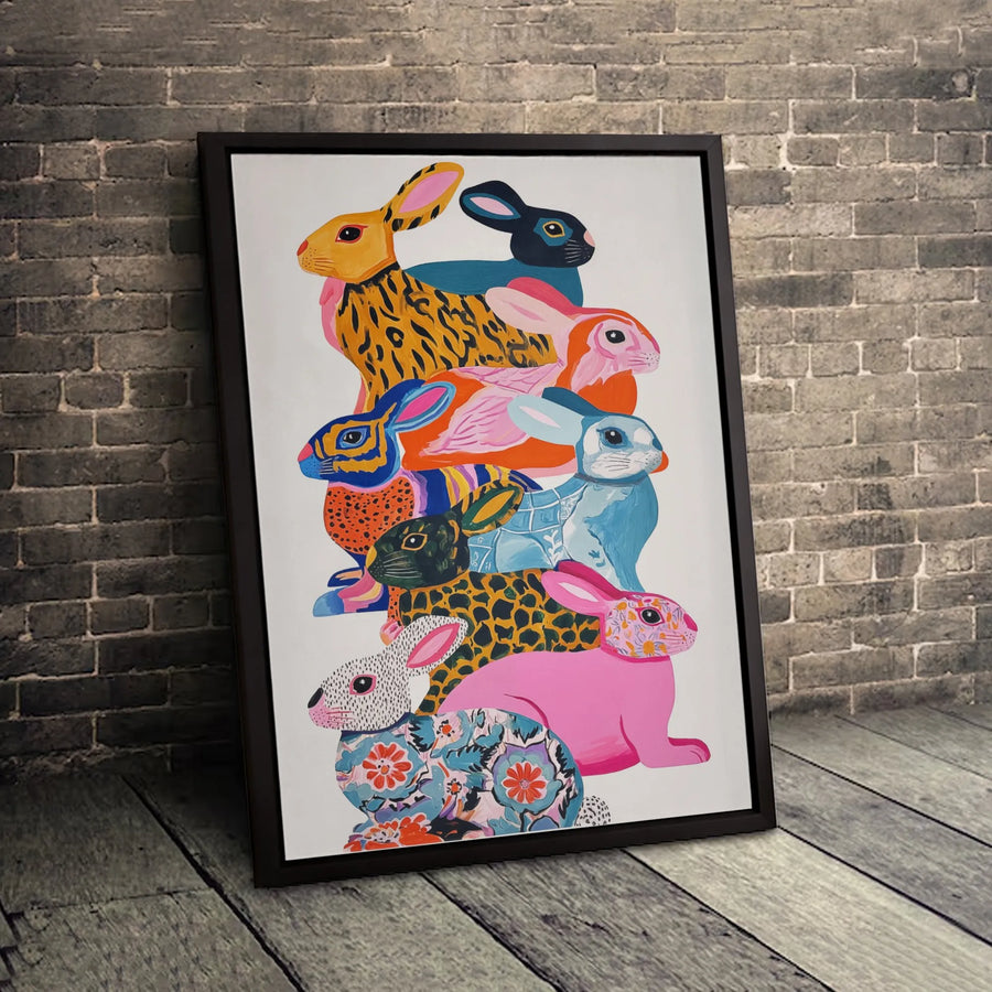 Colorful Stacked Rabbits Wall Art | Whimsical Patterned Animal Decor | Premium 1.25-Inch Gallery Canvas | Unique Nursery or Living Room Gift