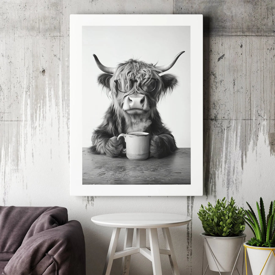 Highland Cow Canvas Wall Art | Quirky Farmhouse Coffee Decor | Premium Gallery Wrap Print | Whimsical Animal Portrait for Kitchen Home Gift