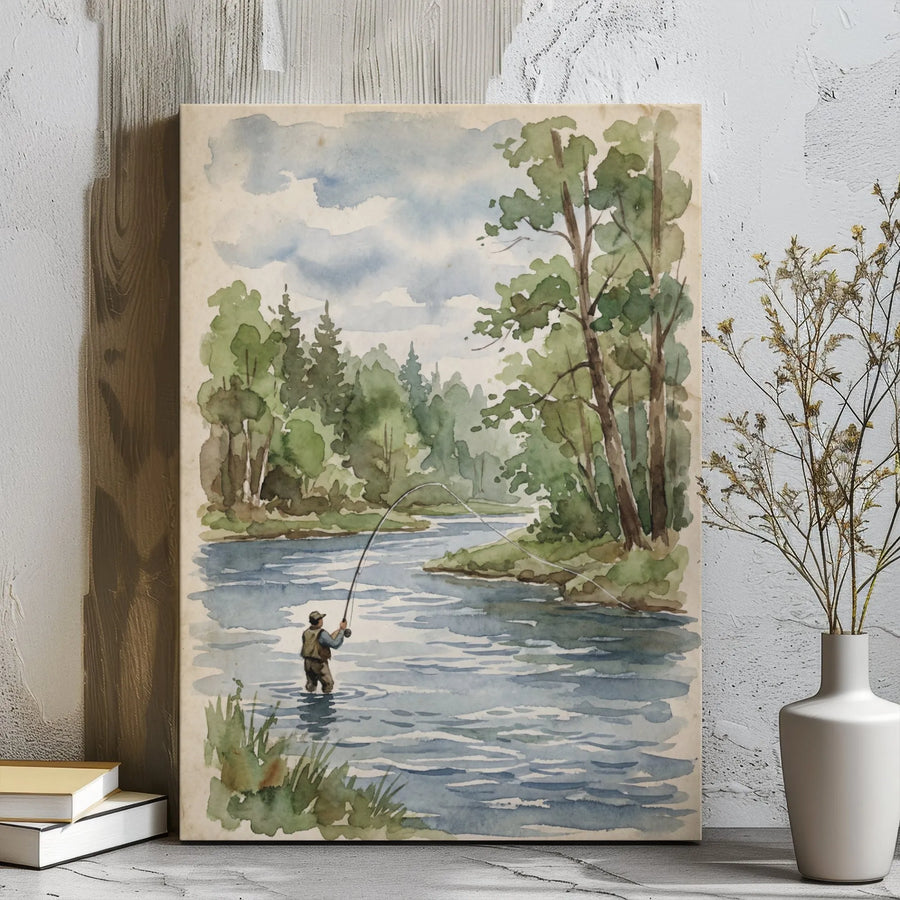 Fly Fishing Wall Art | Watercolor Forest River Landscape | Premium Gallery Wrapped Canvas | Gift for Fisherman & Outdoorsman Decor