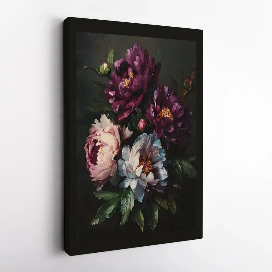 Moody Dark Floral Canvas Print | Peony Oil Painting Wall Art | Premium Gallery Wrap | Elegant Botanical Home Decor Gift