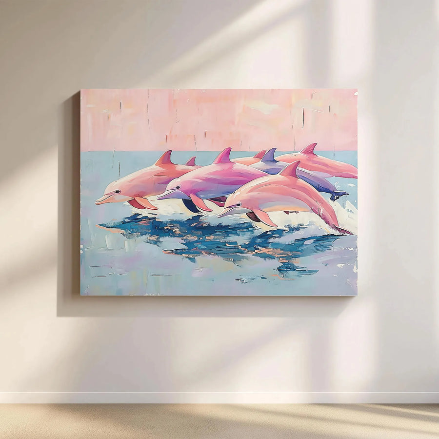 Pink Dolphin Canvas Art | Coastal Ocean Wildlife Wall Decor | Premium Gallery Wrap Print | Modern Beach House Decor for Living Room