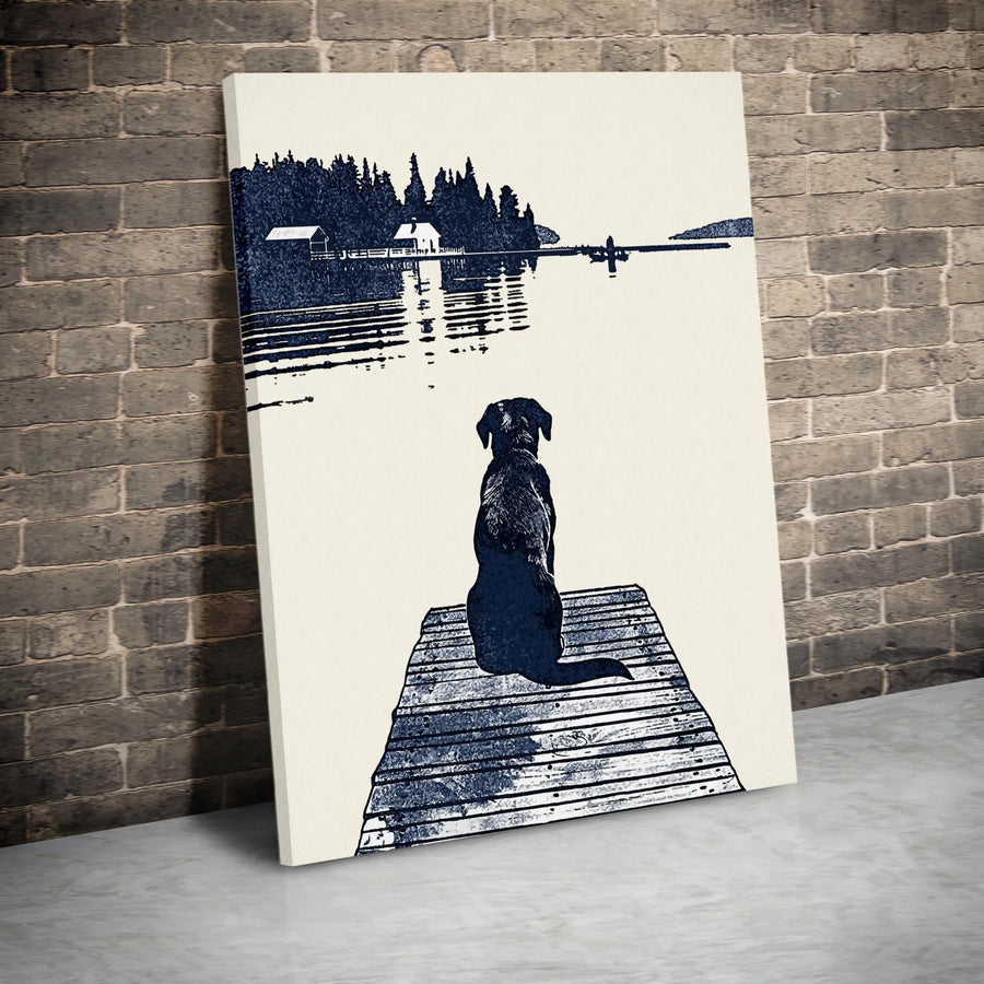 Dog on Dock Lake Wall Art | Minimalist Silhouette Landscape Print | Premium 1.25-inch Gallery Canvas | Peaceful Nature Decor Gift for Dog Lovers