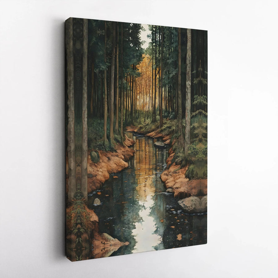 Autumn Forest Stream Canvas Wall Art | Serene Woodland Landscape Painting | Premium Gallery Wrap Print | Nature-Inspired Home Decor Gift