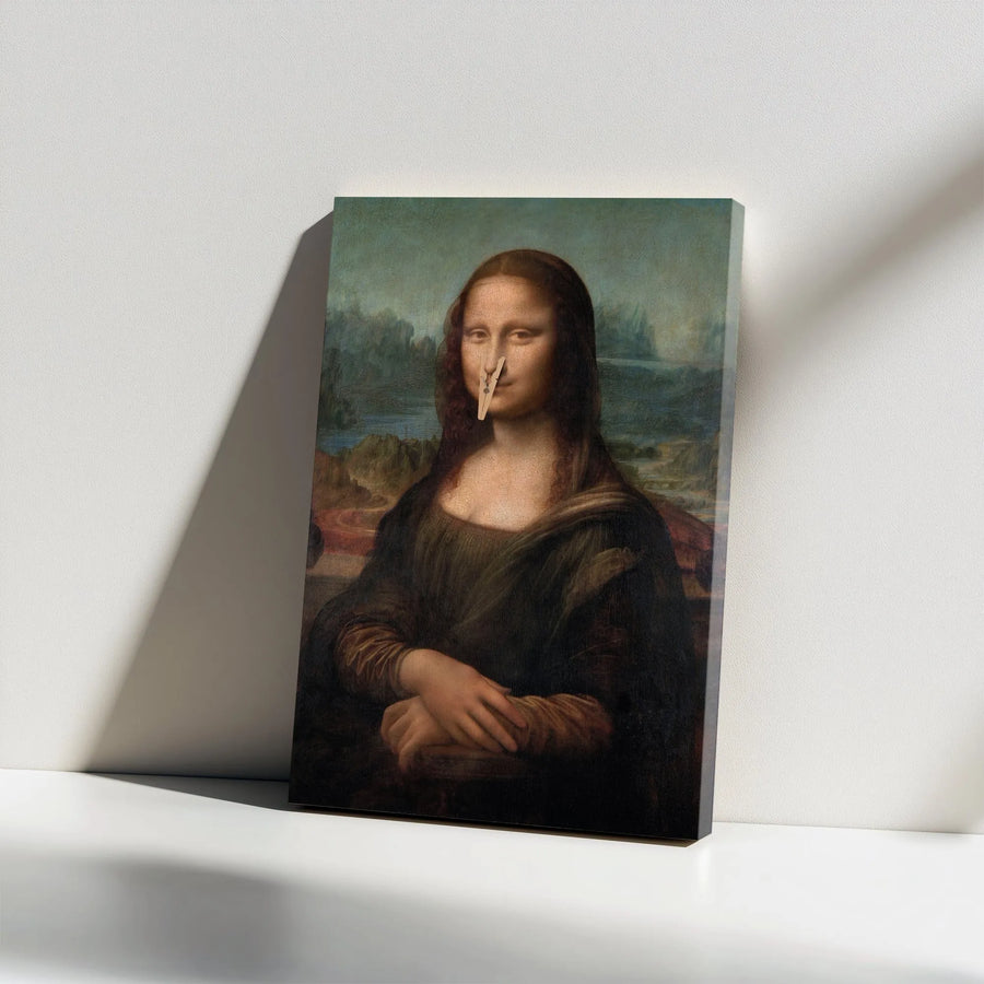 Funny Mona Lisa Canvas Print | Humorous Parody with Clothespin Nose | Premium Gallery Wrapped Art | Unique Gift for Modern Home Decor