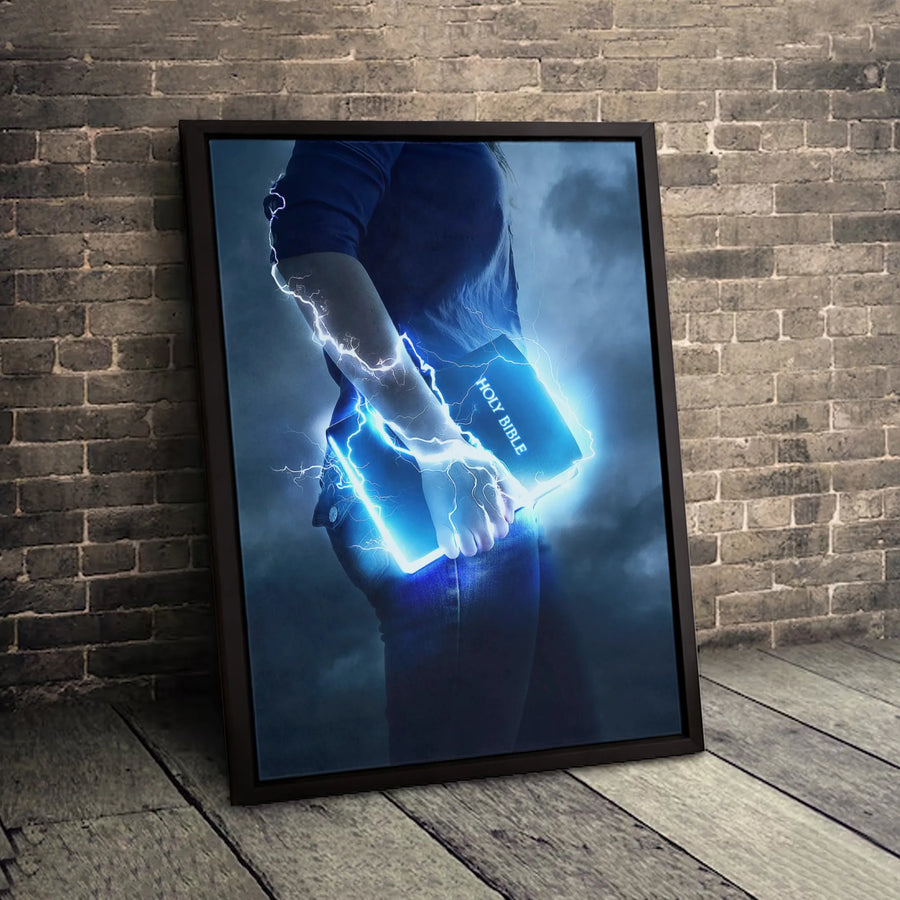 Glowing Holy Bible Canvas Print | Lightning Spiritual Wall Art | Premium 1.25 Inch Gallery Wrap | Christian Home Decor Gift