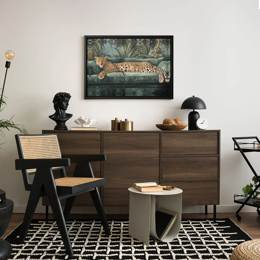 Leopard On Green Velvet Sofa Canvas Art | Tropical Jungle Animal Wall Decor | Premium Gallery Wrap Print | Luxurious Living Room Home Gift