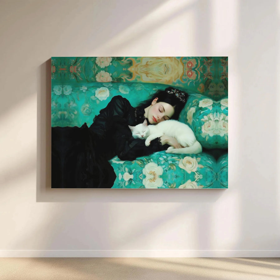 Gothic Girl With Cat Canvas Wall Art | Moody Floral Aesthetic Print | Premium Gallery Wrapped Canvas | Dark Academia Home Decor Gift