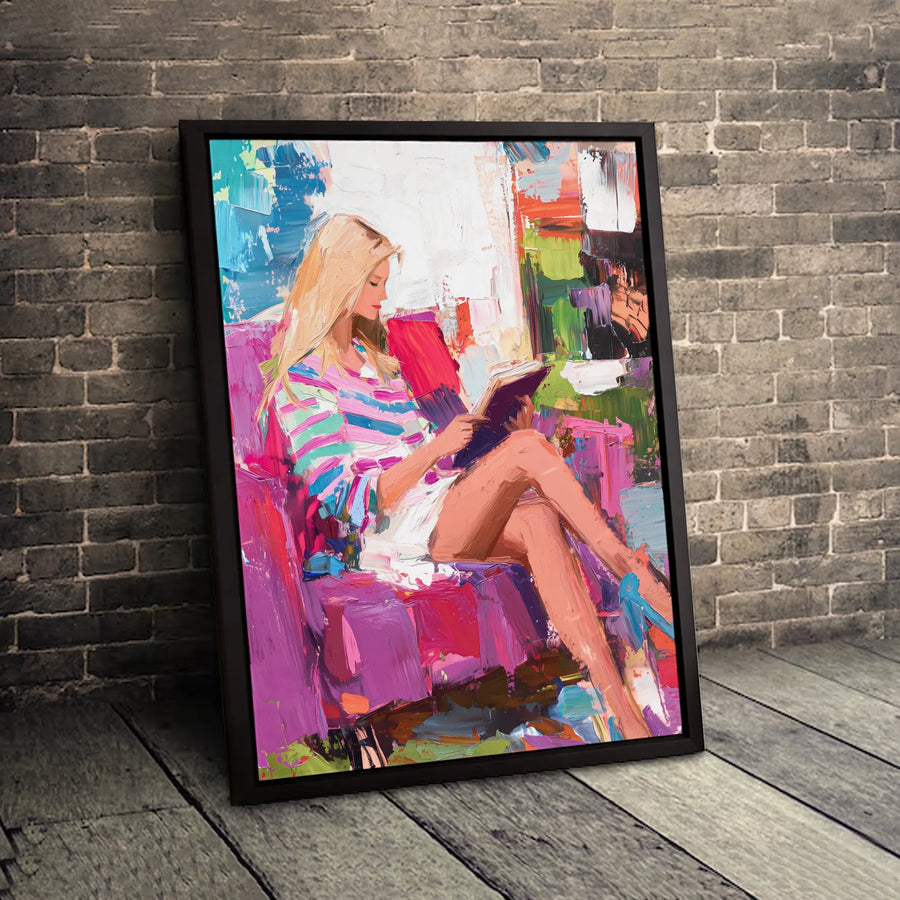 Woman Reading Book Canvas Art | Colorful Impressionist Style Painting | 1.25 Inch Premium Gallery Wrap | Modern Home Office Decor Gift