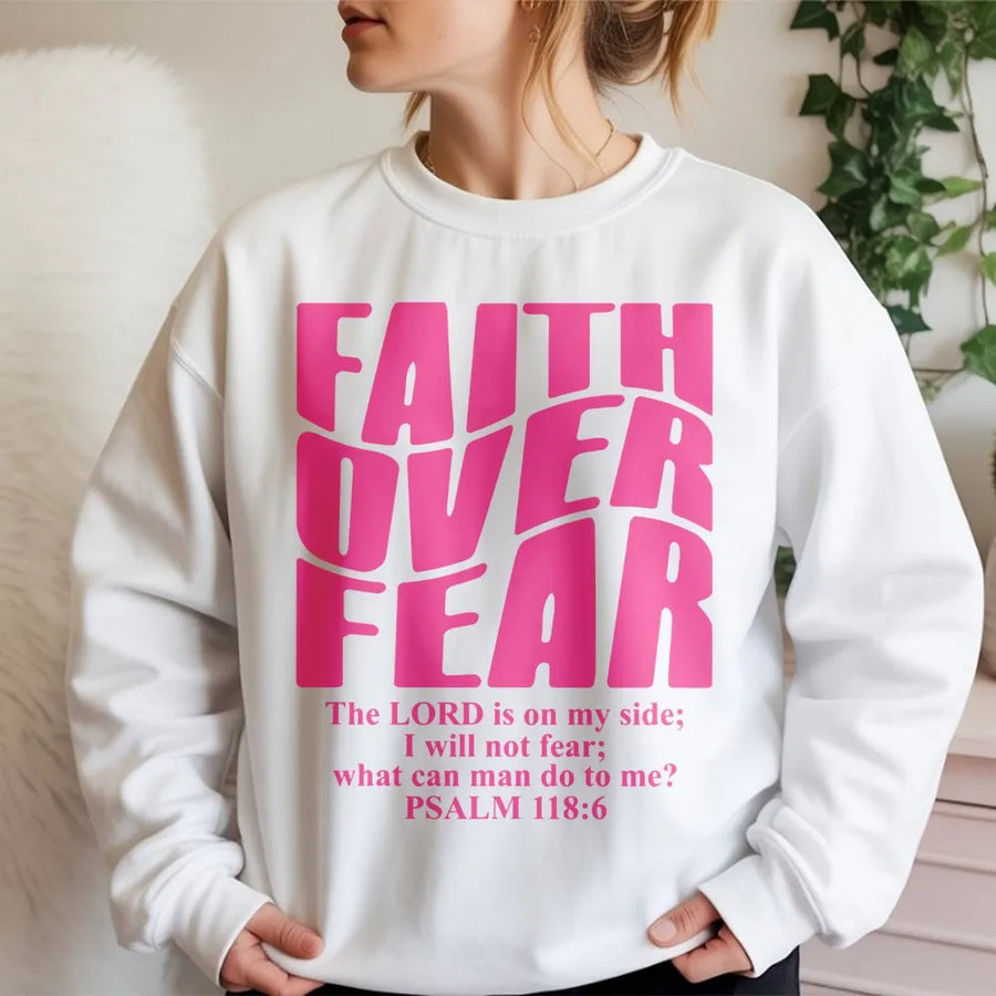 Faith Over Fear Sweatshirt | Wavy Text Bible Verse Scripture | Premium Cotton Blend Crewneck | Christian Gift For Her Religious Apparel