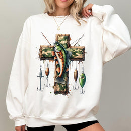 Fishing Cross Sweatshirt | Camo Faith Graphic Print | Premium Cotton Blend Unisex Crewneck | Religious Outdoor Gift for Dad Fishermen