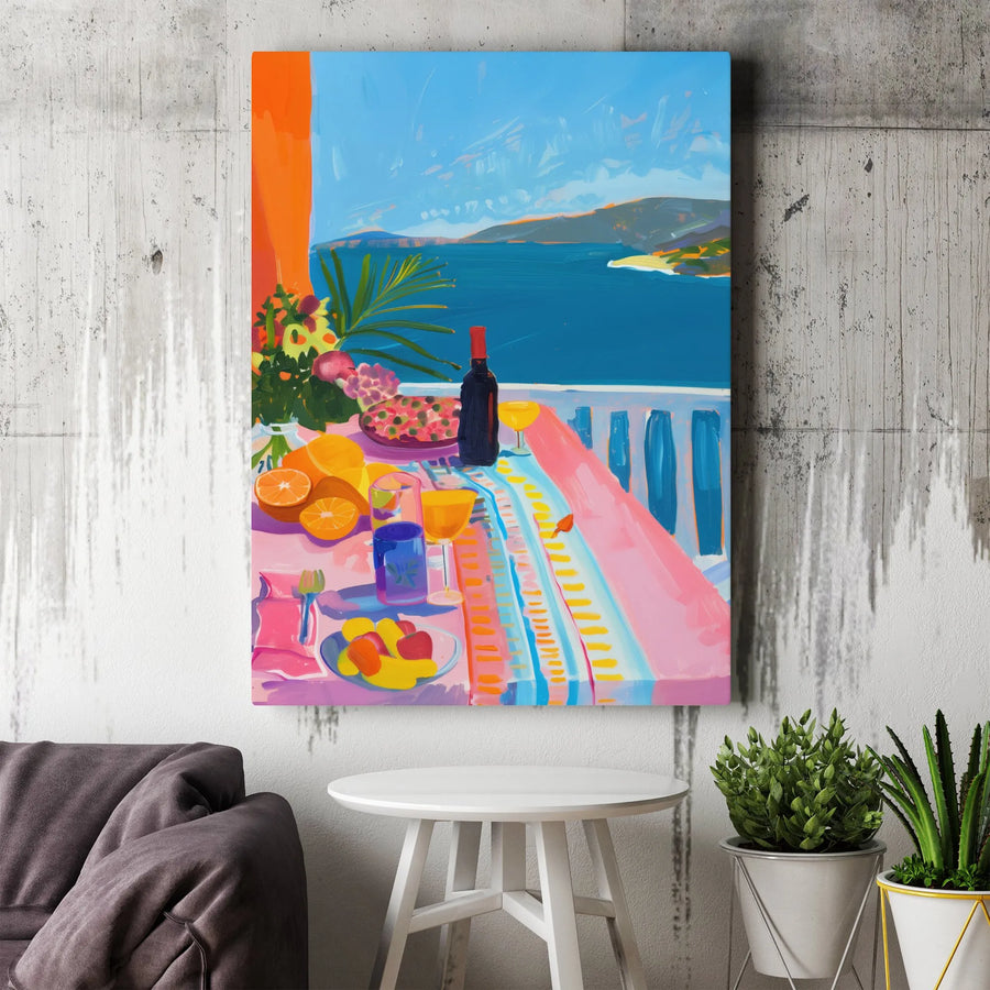 Mediterranean Balcony Canvas Wall Art | Vibrant Amalfi Coast Seaside Lunch Painting | Premium Gallery Wrap Decor | Coastal Home & Office Gift