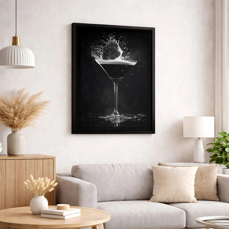 Martini Cocktail Splash Canvas Art | Modern Black and White Photography | Premium Gallery Wrapped Print | Bar Decor for Home and Office