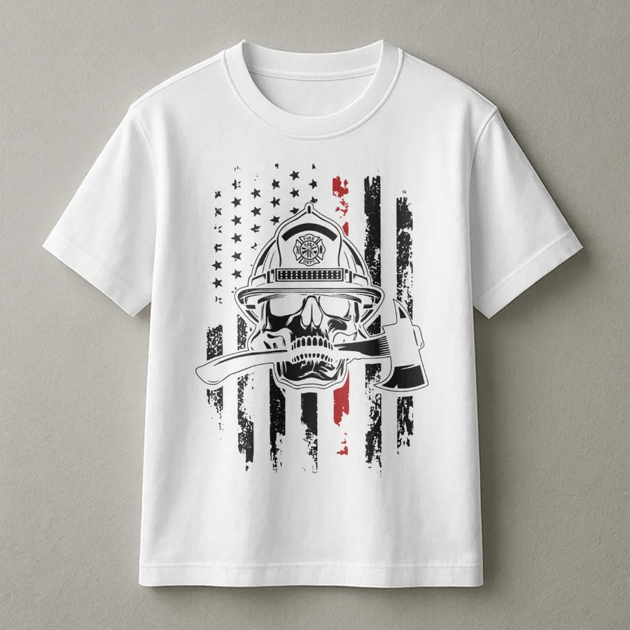 Firefighter Skull T-Shirt | Thin Red Line Flag Graphic | Premium Cotton Apparel | Gift For Fireman First Responder