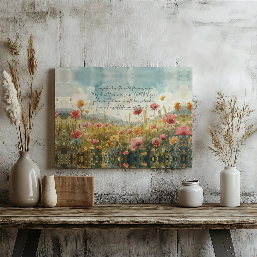 Wildflower Bible Verse Wall Art | Luke 12:27 Watercolor Floral Print | Premium Gallery Wrapped Canvas | Christian Home Decor Gift for Women