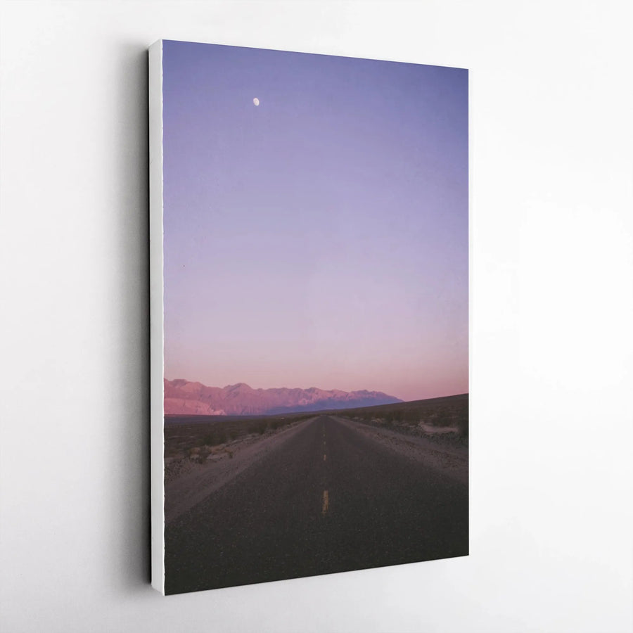 Desert Road Vertical Canvas | Minimalist Twilight Sky with Moon Print | Premium Gallery Wrap Wall Art | Modern Home Decor Gift for Traveler